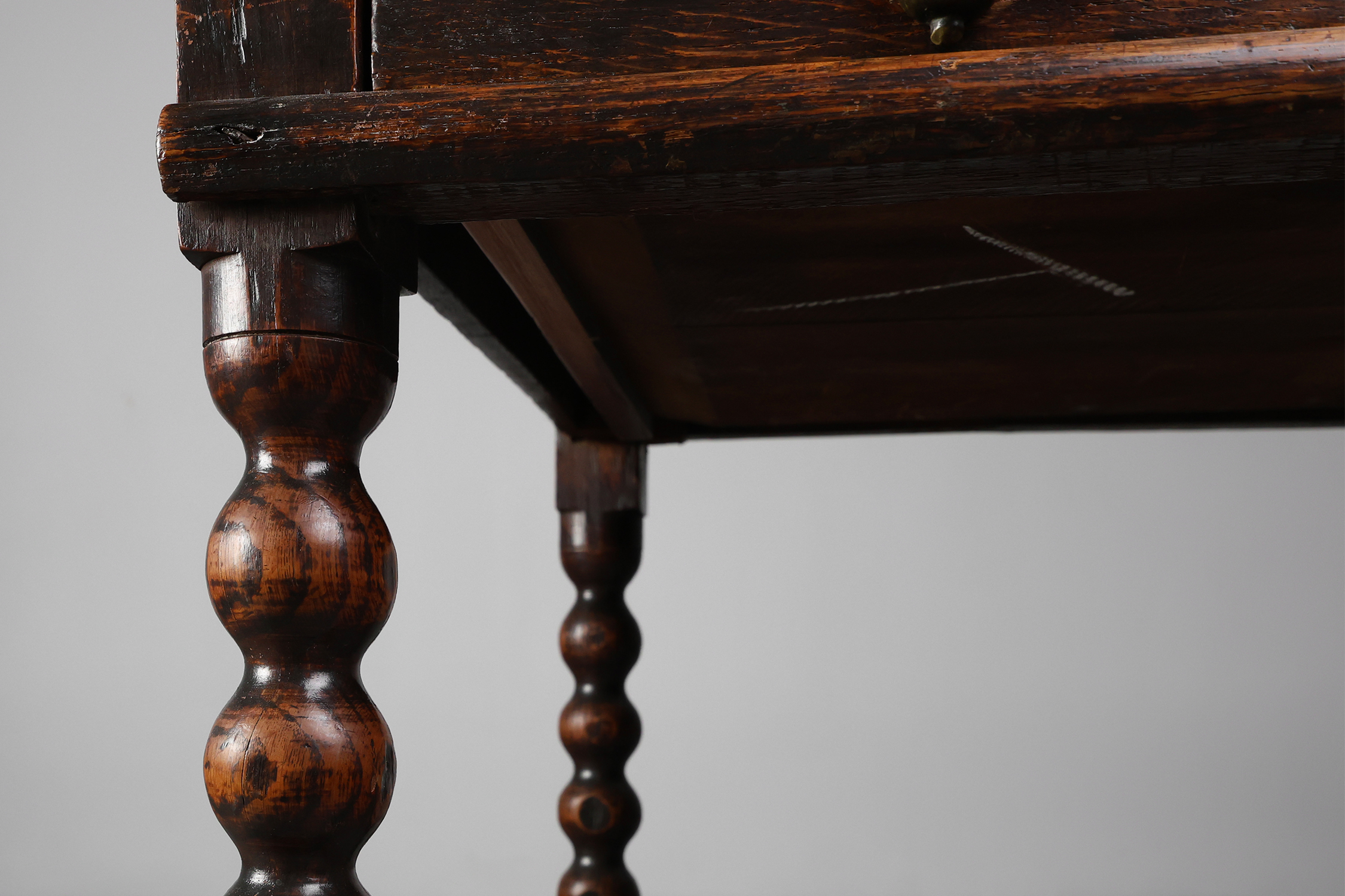 18th Century English Bobbin-Turned Oak Side Table with Bronze Hardware, James II Periodthumbnail